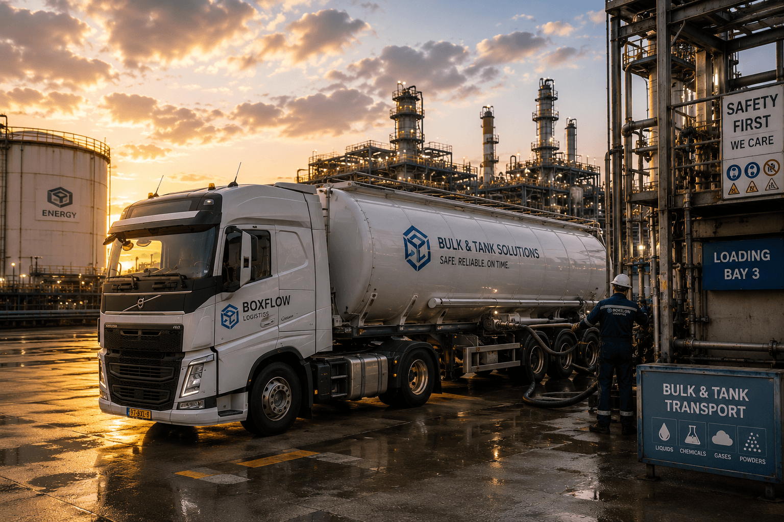 Bulk and tank transport vehicle in logistics yard